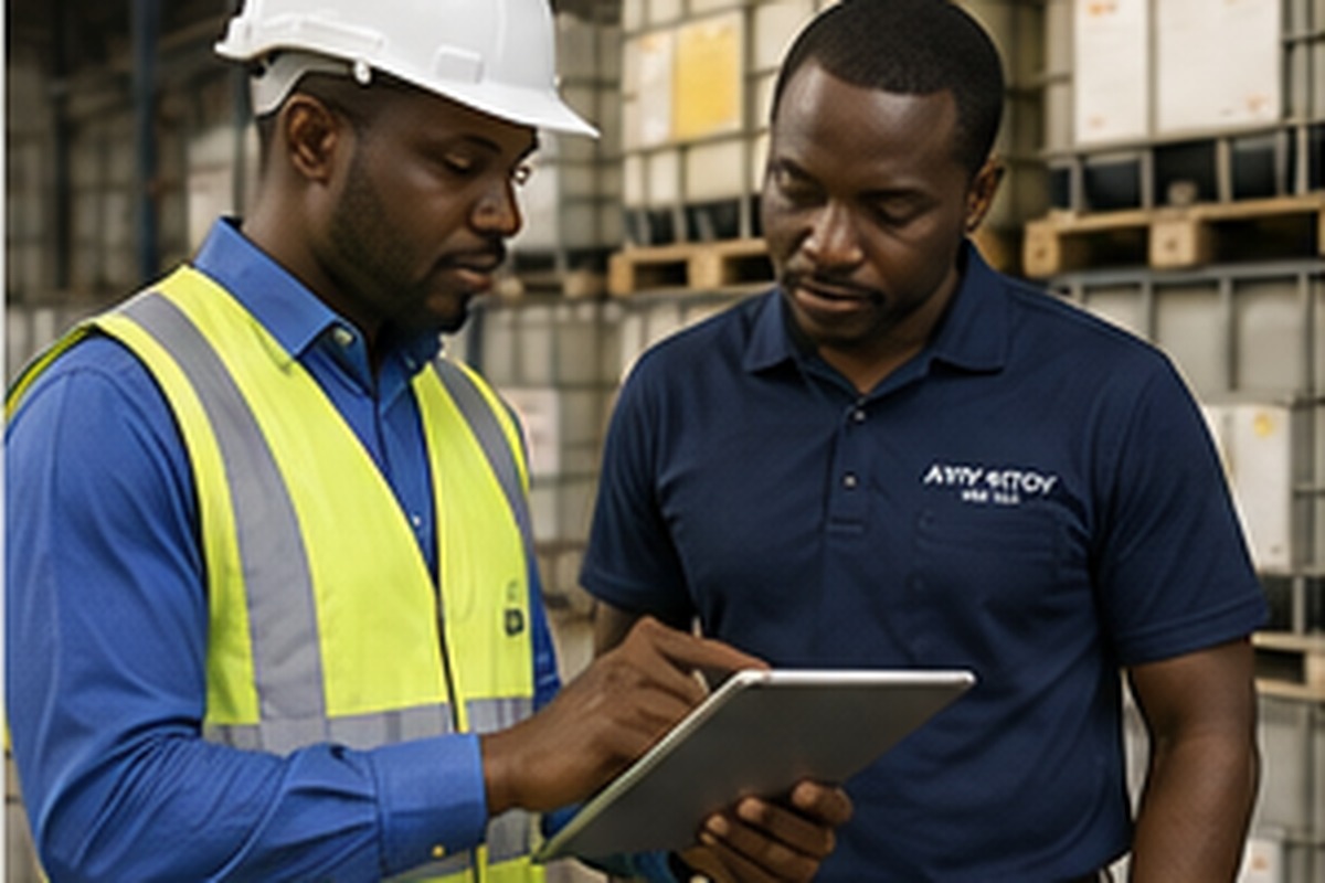 Ghanaian industrial chemical supplier and procurement professional reviewing product information in a warehouse