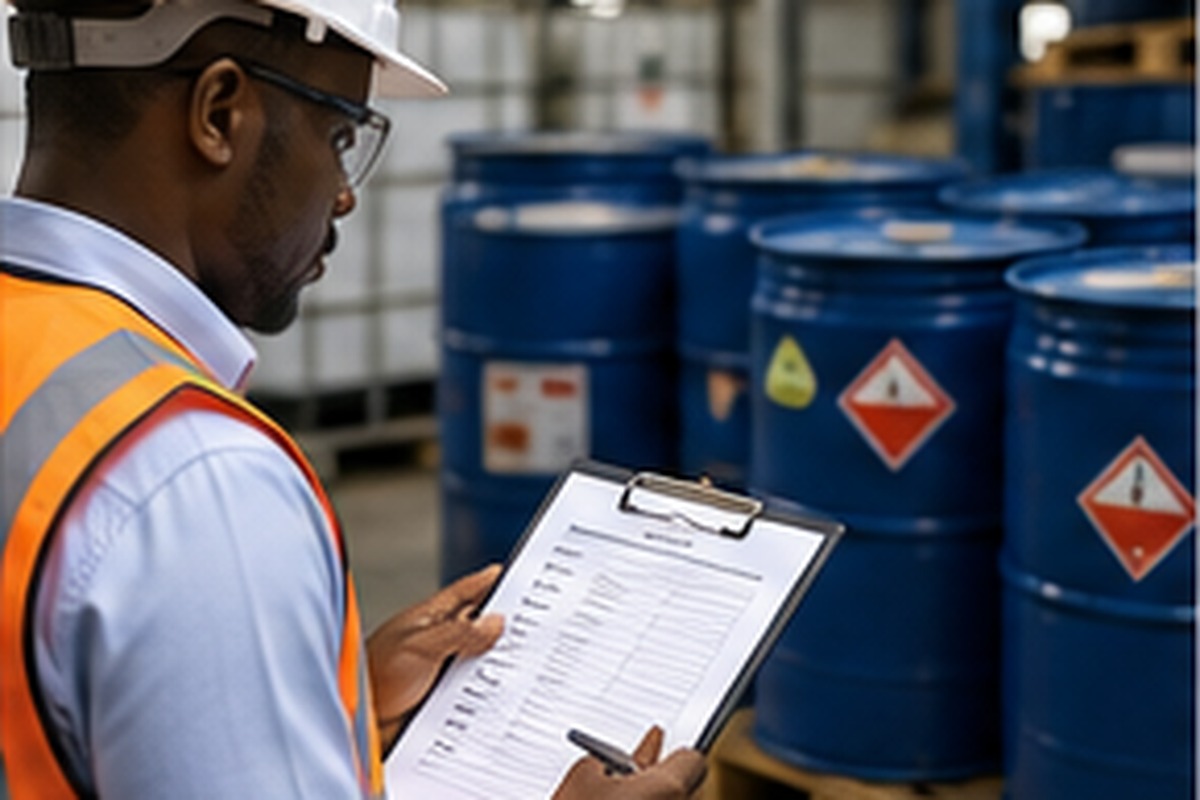 Industrial chemical supplier inspection checklist being completed beside chemical drums in a Ghana warehouse