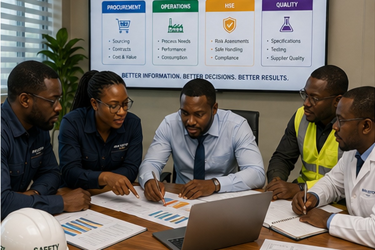 Procurement, operations, HSE and quality professionals reviewing an industrial chemical purchase in Ghana