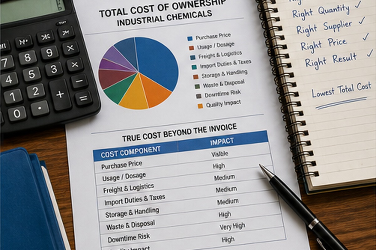 Industrial procurement professional calculating total cost of ownership for chemical supply